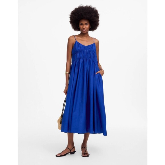 MADEWELL Textured V-Neck Midi Dress XXL Bright Sapphire Blue Linen Blend NWT B40 - Picture 1 of 5